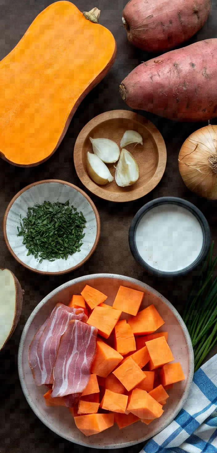 Ingredients photo for Butternut Squash Sweet Potato Bacon Soup Recipe